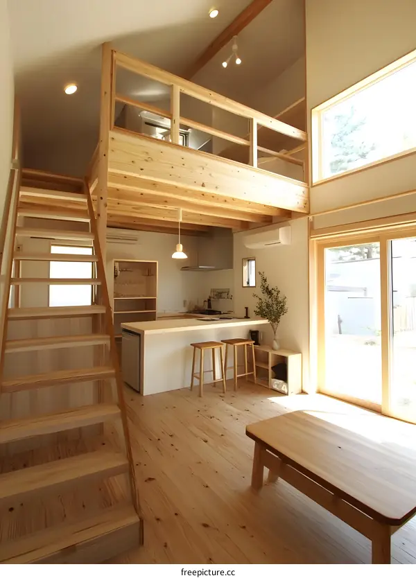 Modern Minimalist Loft Apartment With Wooden Stairs And Kitchen