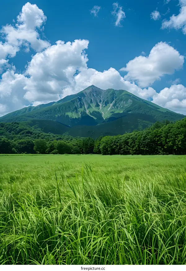 Green Meadow with Mountain and Blue Sky