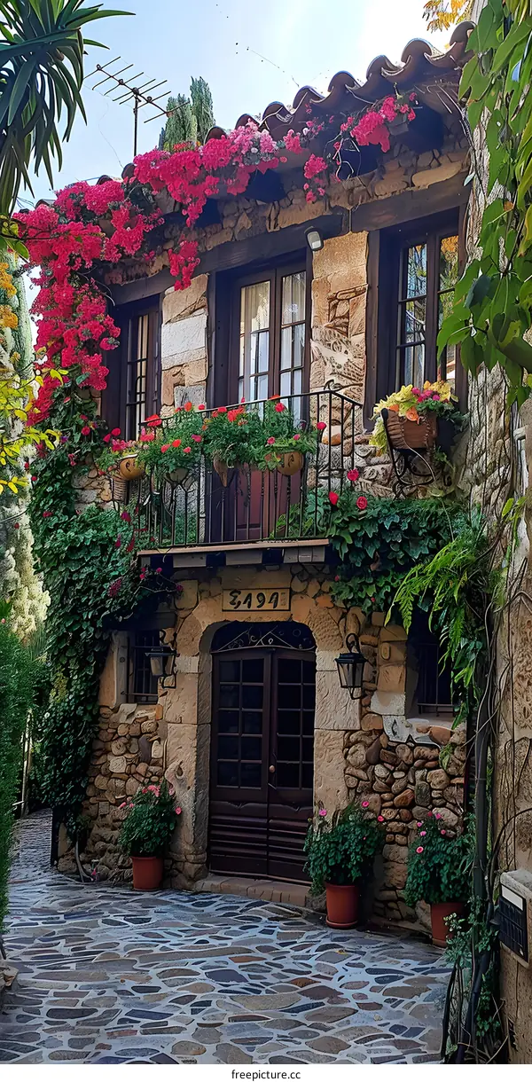 A beautiful stone house with a balcony and colorful flowers