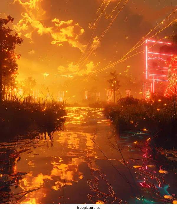 Cyberpunk Cityscape with River and Trees in the Foreground