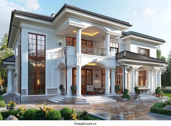 A luxurious two-story house with a beautiful yard