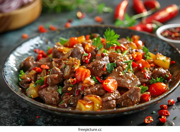 Spicy Beef Stir Fry with Peppers and Onions