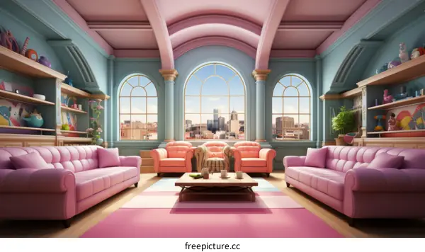 Pink Living Room with City View and Retro Decor