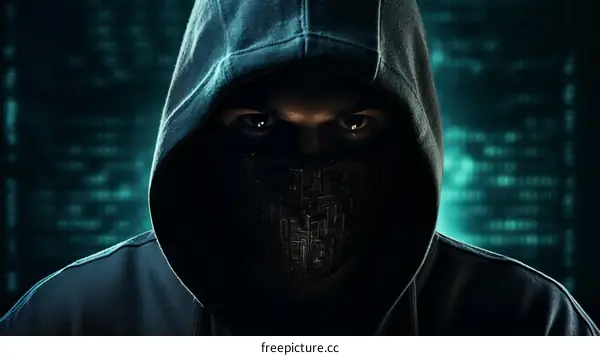 Black hoodie man wearing a mask with glowing green eyes in front of a binary code background
