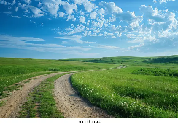 Country Road through Lush Green Fields