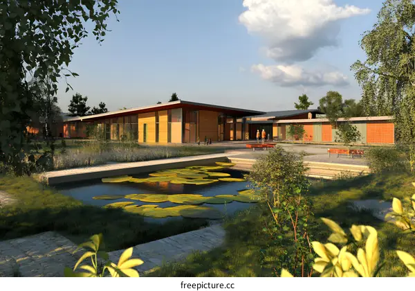 Modern Architecture with a Pond and Trees