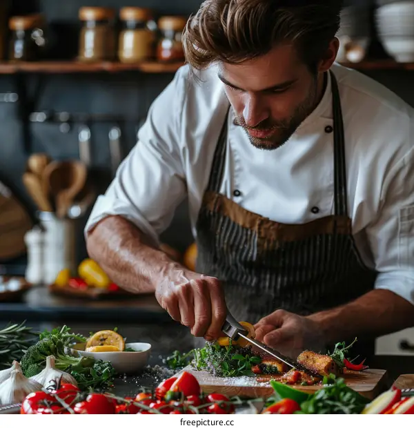 Focused male chef cutting lemon over a plate of delicious food