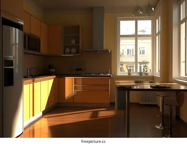 Modern Kitchen Design with Orange Cabinets and Wooden Floor