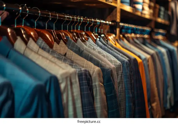 A variety of men's suits hang on wooden hangers in a clothing store.