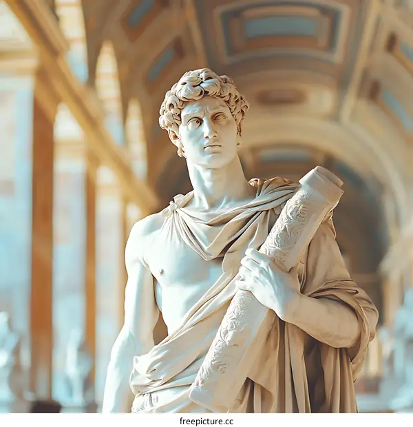 Marble Statue of a Man Holding a Scroll in a Building