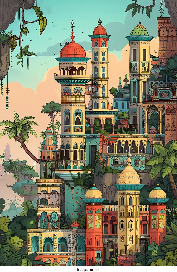 Colorful Illustration of a Fantasy City with Domes and Towers