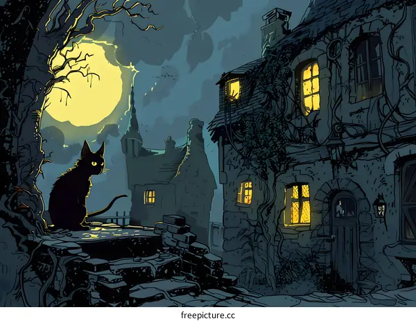 Black Cat Sitting On Stone Wall Under Full Moon In Front Of Old Houses