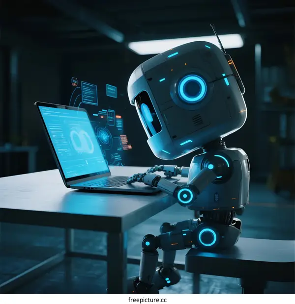 A robot working with a laptop in a modern workspace