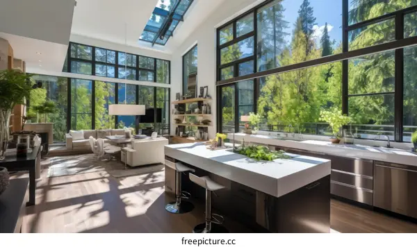 Modern Open Floor Plan Kitchen & Living Room with Forest View