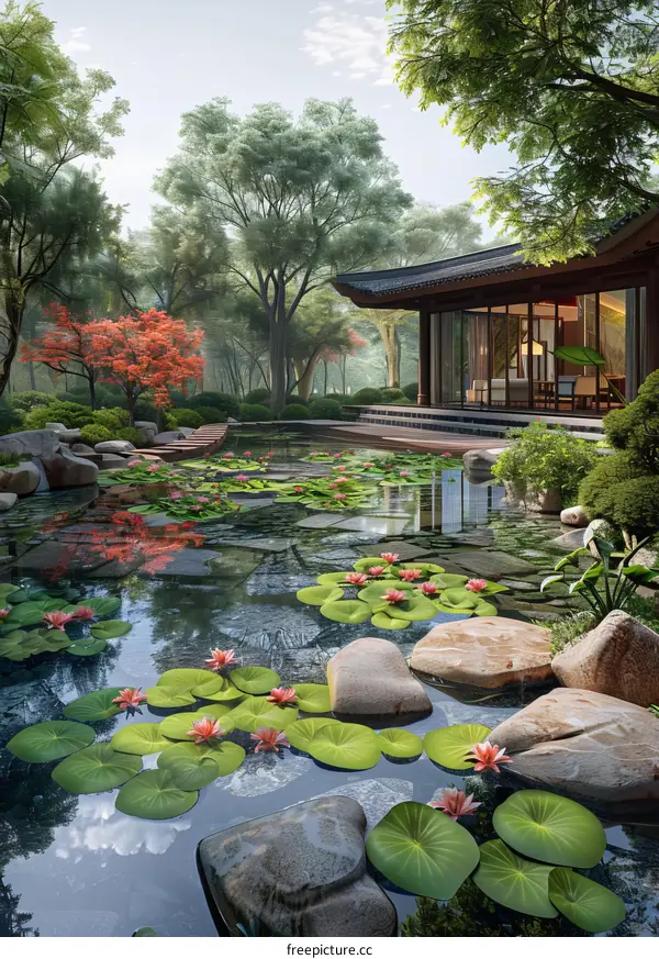 Serene Chinese Courtyard with Lotus Pond