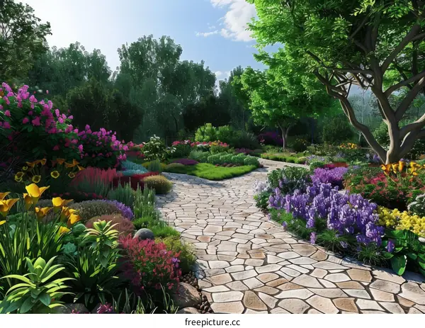 Stone Path Through a Lush Garden