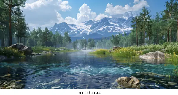 Mountains, River, and Trees: A Serene Landscape