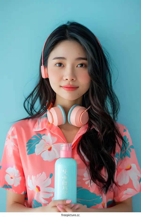 Woman with Headphones Holding a Bottle