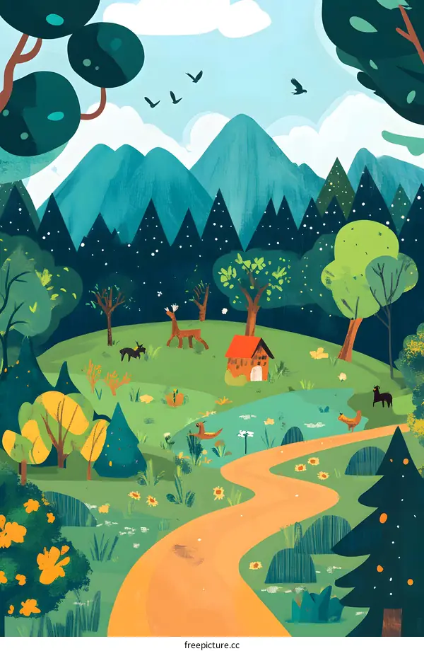 Peaceful Forest Path Leading to a Small Cottage