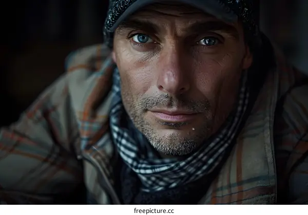 Portrait of a Man with Blue Eyes and a Plaid Scarf