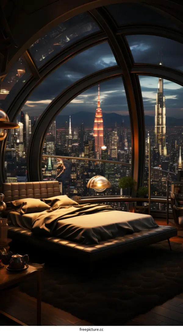 Futuristic bedroom with a view of the city at night