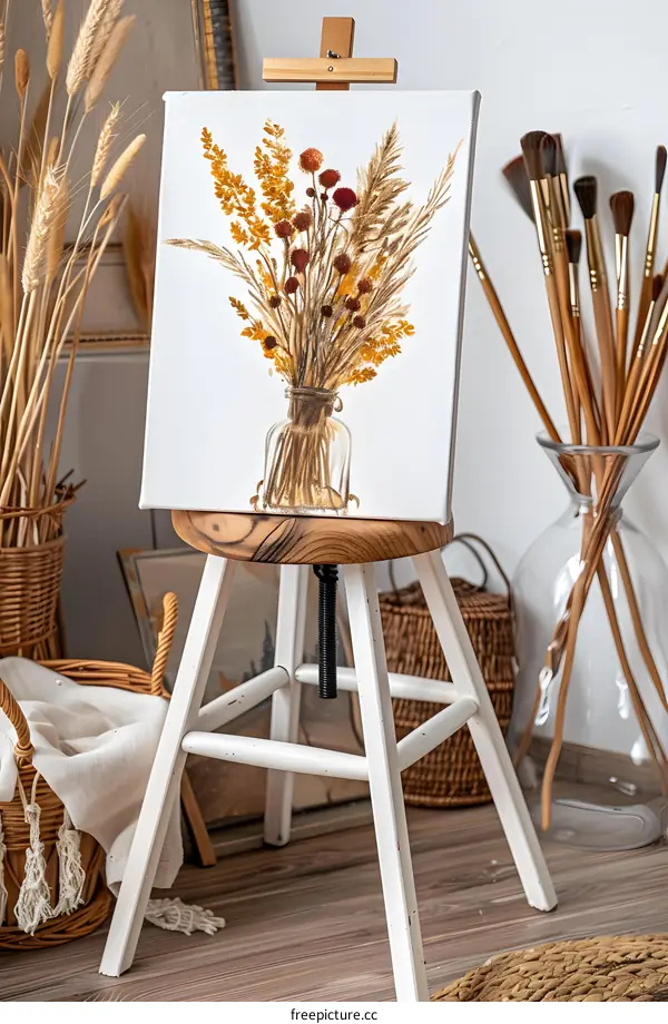 Dried Flower Bouquet Watercolor Painting On Canvas