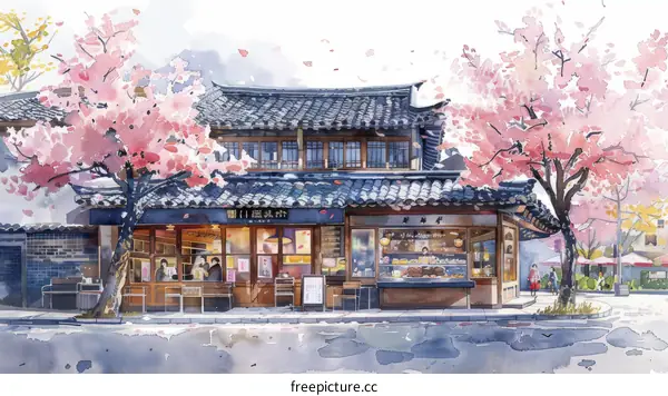 A watercolor painting of a Korean bakery with cherry blossoms in the spring