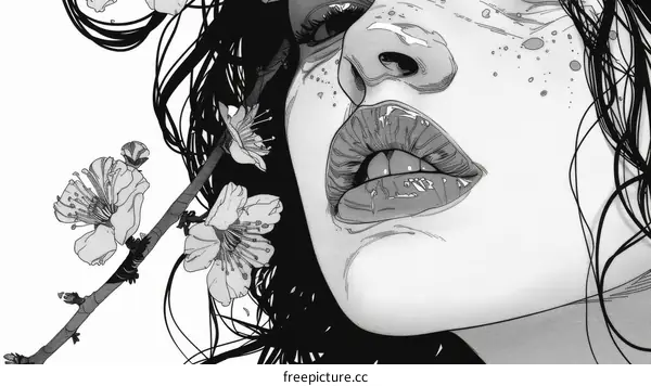 Black and white portrait of a woman with flowers