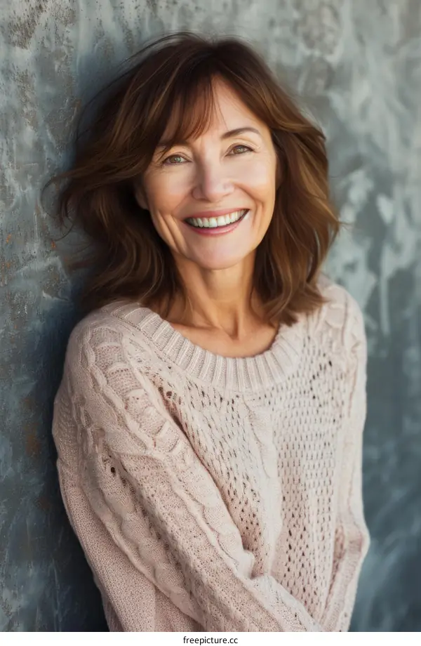 portrait of a smiling mature woman with brown hair wearing a pink sweater
