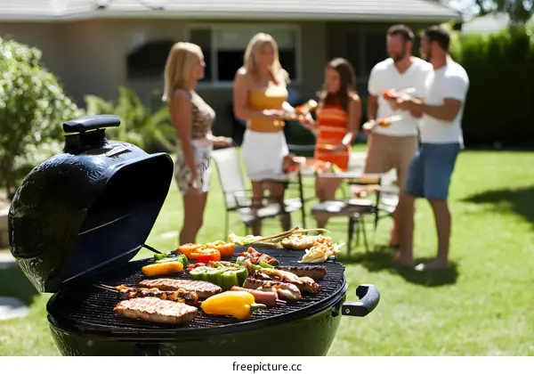 Close Up Of A Grill With Food Cooking During A Backyard Barbecue