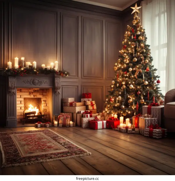 Cozy Christmas Living Room with Fireplace and Decorated Tree