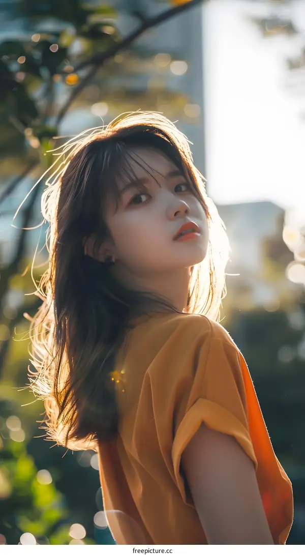 Young Asian Woman in Yellow Shirt Looking Over Shoulder in Sun