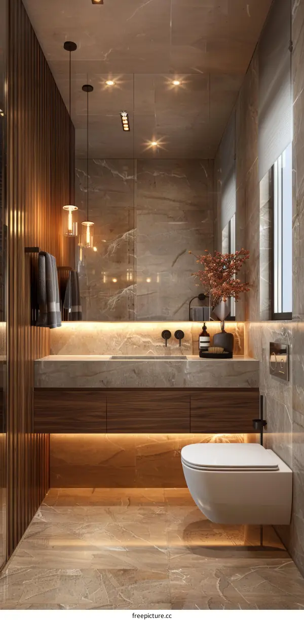 Modern Bathroom Interior Design with Wooden Walls and Marble Floor