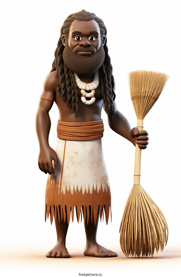 A cartoon of a man with long dreadlocks wearing a grass skirt and holding a broom