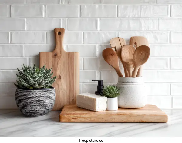 Kitchen Countertop Display with Wooden Utensils and Plants