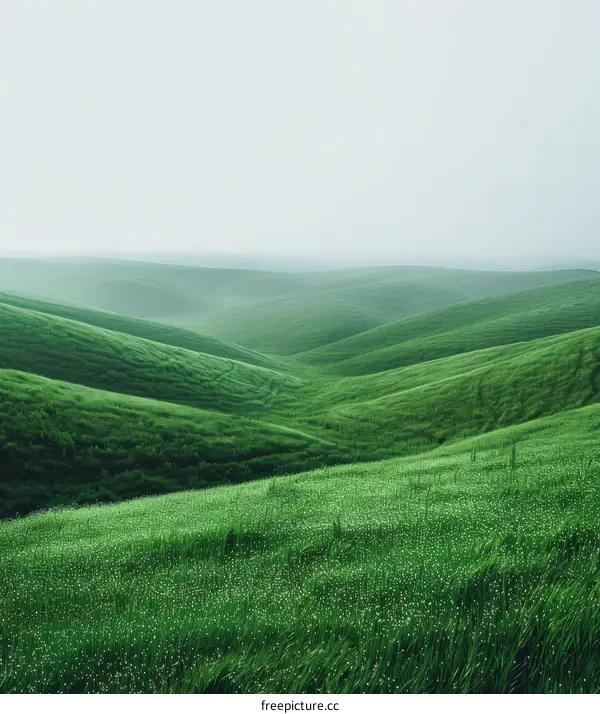 Rolling Green Hills with White Flowers