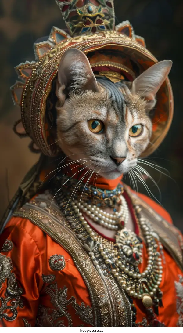Portrait of a Cat Adorned in Traditional Indian Headdress and Jewelry