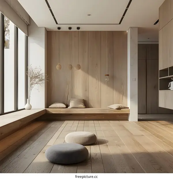 Minimalist Living Room Interior Design with Wooden Flooring and Wall Panels