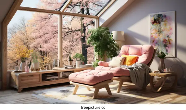 A cozy living room with a large window looking out onto a beautiful cherry blossom tree