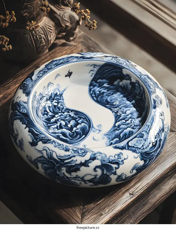 Blue and White Porcelain Bowl with Wave Design