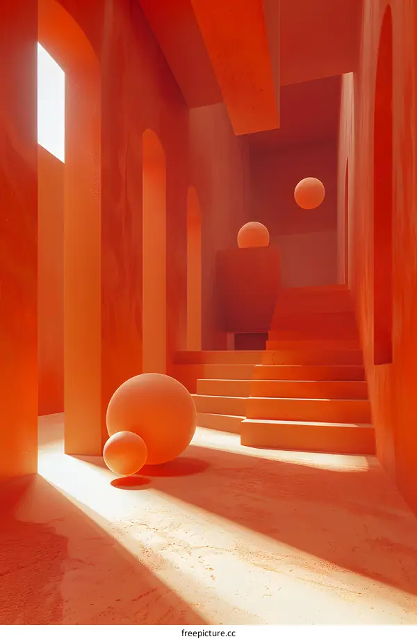 Orange abstract geometric shapes spheres and archways