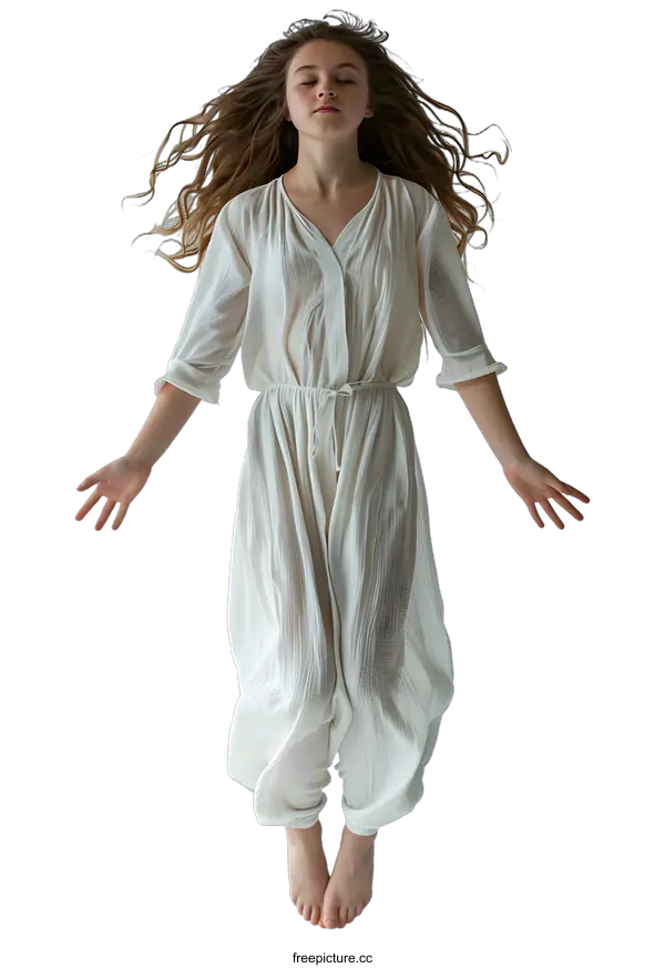 [Transparent Background PNG]girl in white dress jumping with eyes closed
