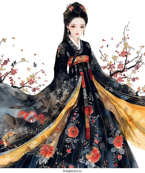 A woman wearing a traditional Chinese dress is standing in a field of flowers.