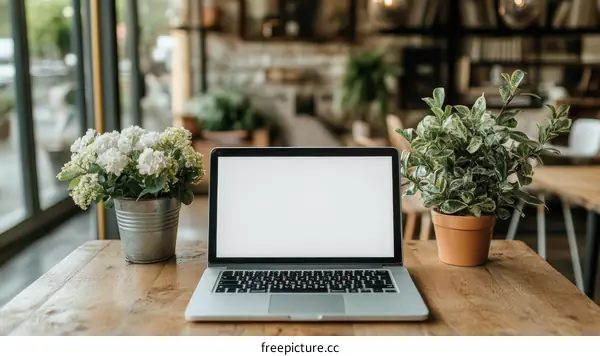 Laptop on Wooden Table with Plants and Flowers