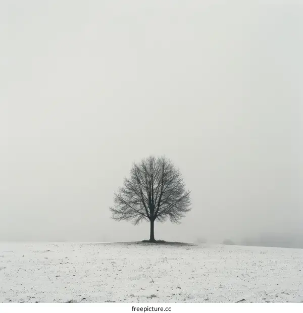A tree stands alone in a snowy field