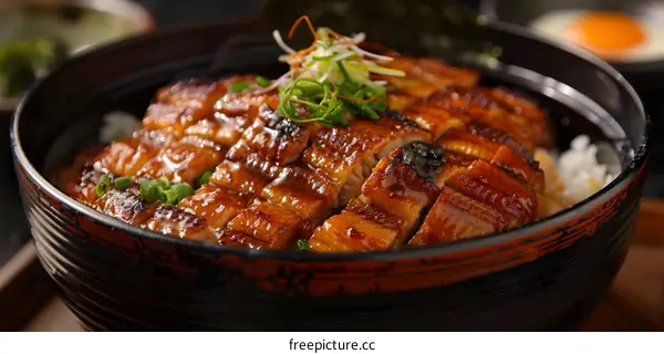 Unagi donburi, a traditional Japanese dish of grilled eel over rice.