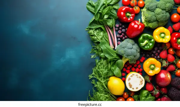 A variety of fresh vegetables and fruits on a blue background