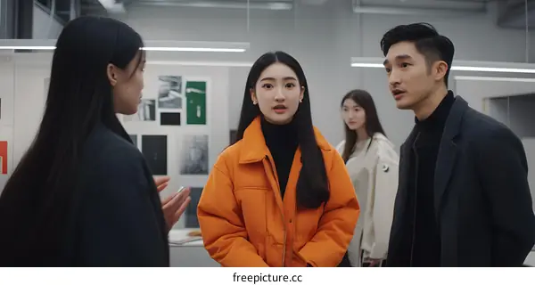 Young Asian People Talking and Looking at Artwork in a Gallery