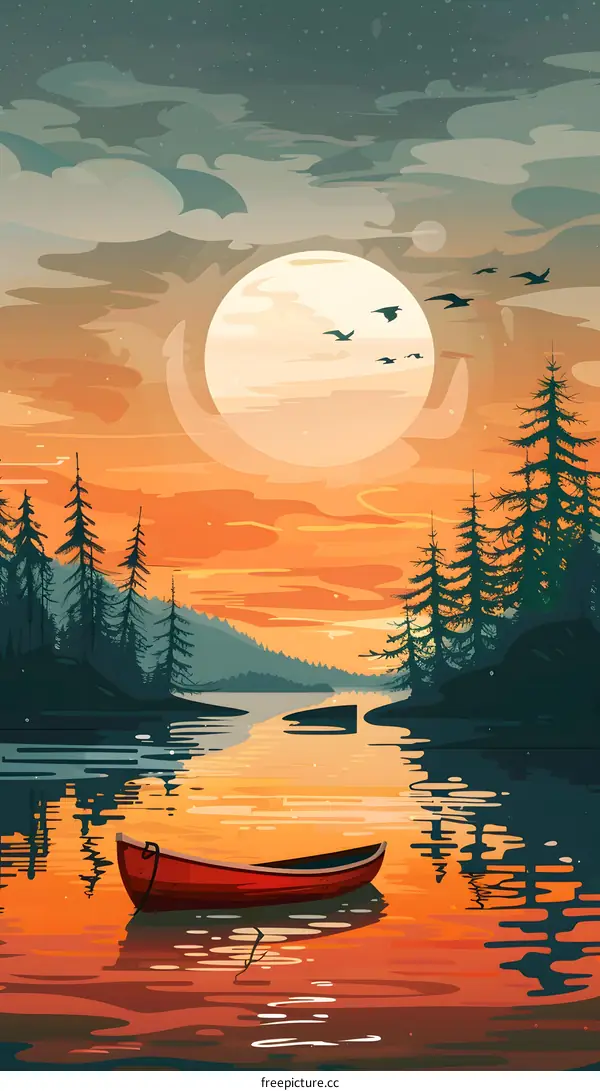 Canoe Lake Sunset Illustration