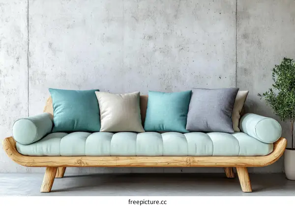 Modern Wooden Sofa with Teal Pillows